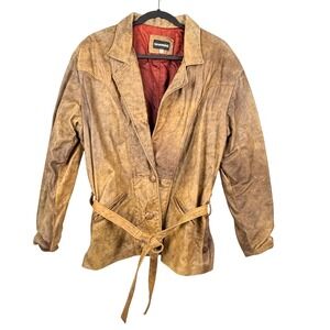 Californian L Vintage Brown Distressed LAMB Leather Women Belted Blazer Jacket